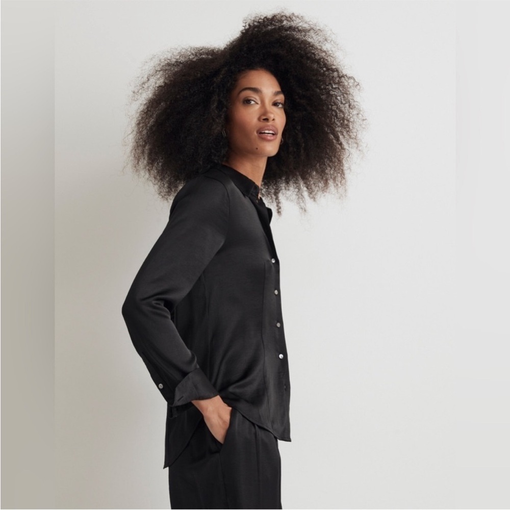 NWT Madewell Button-Up Shirt Black Satin Size 12